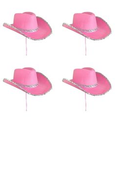 three pink hats with silver sequins on the brim and one has a string attached to it