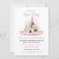 a pink and white birthday party card with champagne