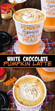 white chocolate pumpkin latte with whipped cream on top and in a cup next to it