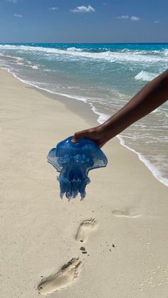 a person is holding a blue jelly in the sand