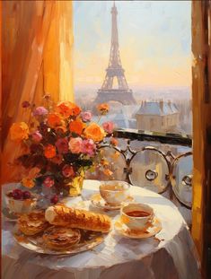 a painting of breakfast on a table with the eiffel tower in the background