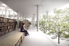 a person sitting on a bench in a library with many bookshelves and trees