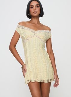 Off shoulder lace mini dress  Open back  Princess Polly Lower Impact   Non-stretch material, fully lined   Main: 90% reclaimed nylon 10% spandex, Lining: 95% reclaimed polyester 5% spandex   Cold hand wash Dress Open Back, Cold Hands, Dress Yellow, Lace Mini Dress, Princess Polly, Yellow Dress, Open Back, Off The Shoulder, Off Shoulder