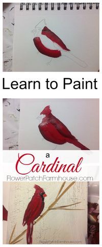 two pictures with the words learn to paint in red and white, one has a cardinal bird on it