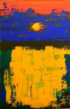 an abstract painting with blue, yellow and red colors in the sun setting over water