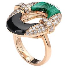 Ring in 18kt pink gold set with 46 diamonds 0.92 cts, one onyx 1.90 cts and one malachite 2.80 cts Size 53 Luxury Rose Gold Emerald Ring With Diamonds, Luxury Rose Gold Emerald Diamond Ring, Pink Gold Ring, Geometric Diamond Design, Geometric Rings, Pink Gold Rings, Carved Jewelry, Diamond Bracelet Design, Queen Jewelry