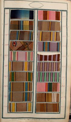 an old book with many different colors and patterns on the pages, including strips of fabric