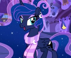 a pony with blue hair standing in front of a night sky