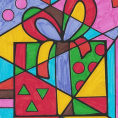 a drawing of a gift box on a colorful background