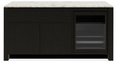 a black cabinet with marble top and doors