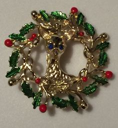 Vintage Gerry's Christmas Wreath Brooch Holly Deer Collectible | eBay