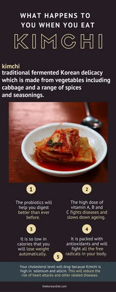 an advertisement for kimchi with instructions on how to make it and what to eat