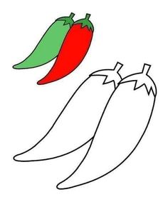 a drawing of two chili peppers with one red and one green pepper in the background