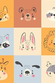 four different animal faces in various colors