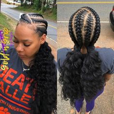 Stitch Braids With Crochet Hair, Cornrow And Ponytail Hairstyles, Protective Braided Hairstyles For Black Women, Cornrow Ideas With Curls, Protective Hairstyles Half Up Half Down, 3 Goddess Braids Hairstyles, 4braids Hairstyle Black Women, Summer Block Party Outfit, Two Row Cornrow Styles