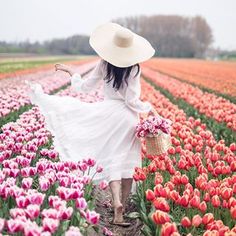 a woman in a white dress and hat walking through a field full of tulips