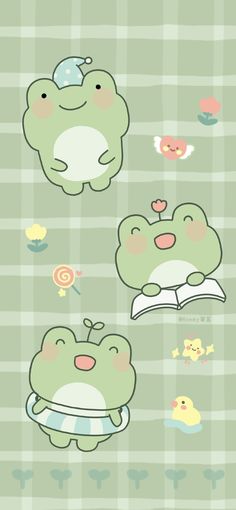 an image of some cartoon animals on a green checkered background with different shapes and sizes