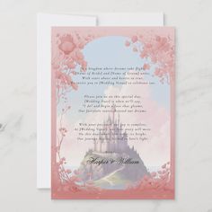 a card with an image of a castle in the sky and flowers around it, on top of a marble surface