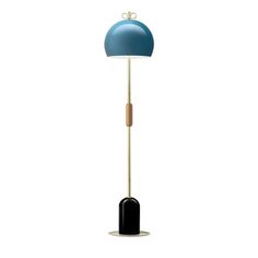 a floor lamp with a blue shade on the top and a wooden stick in front of it