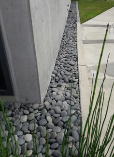 a long line of rocks is next to a building with grass growing in front of it