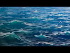 an oil painting of blue ocean waves with birds flying over the water in the background