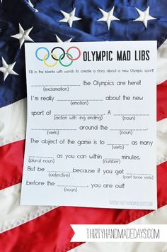 an olympic mad libs printable with the american flag in the background