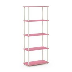 a pink and white shelving unit with three shelves on each side, one is empty