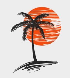 an orange and black palm tree with the sun setting in the backgroung