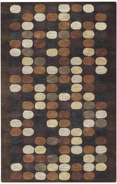 an area rug with different colored circles on the ground and brown, black, white, beige