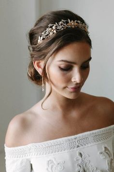 a woman wearing a white dress and a gold headpiece on her wedding day, with the caption save