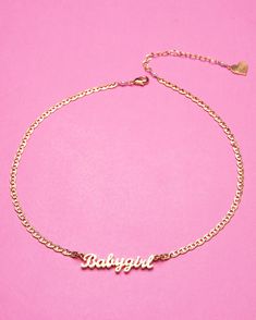 your favorite nameplate got a facelift Welcome the Babygirl 2.0 Nameplate Necklace! Accessorize your 'fit to the nines with this glimmering, golden nameplate necklace. It's the perfect pick-me-up for any wardrobe. A must-have for confident babygirls that dress to impress! ✨ *14"-16" Adjustable (Sizes Available) *18K Gold Plated/Sterling Silver Plated *Lead and Nickel Free, Hypoallergenic *Handmade in Los Angeles Babygirl Necklace, Nameplate Necklace Gold, Face Jewellery, That Dress, Gold Aesthetic, Nameplate Necklace, Belt Purse, Hand Chain, Bead Charm Bracelet