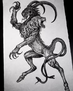 a black and white drawing of a demon with horns on it's back legs