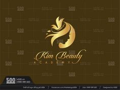 a woman's face with the words kim beauty academy in gold on a brown background