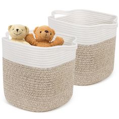 two large baskets with teddy bears in them on a white background, one is beige and the other is brown