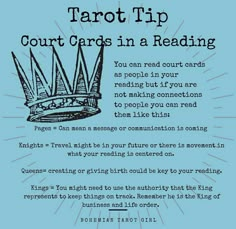 a blue poster with the words tarot tip court cards in a reading crown on it