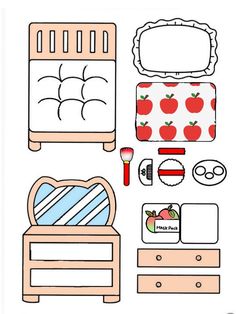 the paper doll is made to look like an apple themed bed and dresser with apples on it