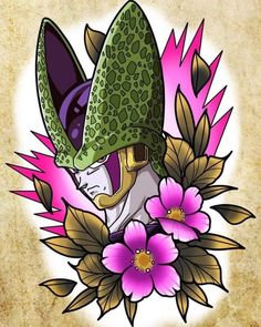 an animal wearing a green hat surrounded by pink flowers