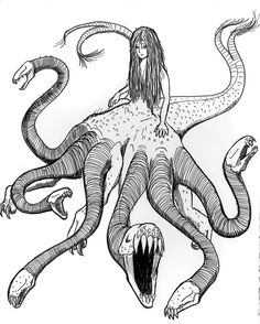 a drawing of a woman sitting on top of an octopus