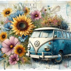 an old vw bus with flowers on the side