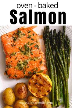 salmon, potatoes and asparagus on a plate with the title overlay reads oven baked salmon