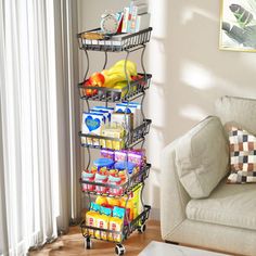 a living room scene with focus on the coffee table and storage rack in the corner