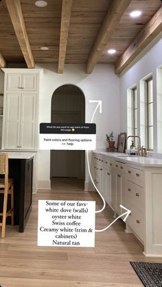 an open kitchen with white cabinets and wood flooring is shown in this graphic above the words