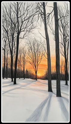 a painting of trees in the snow at sunset