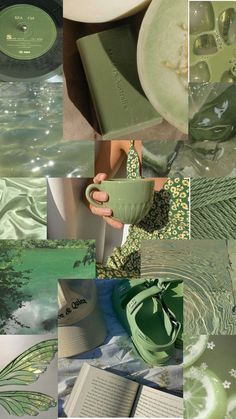 a collage of green and white items including a tea cup, book, plate, and other things