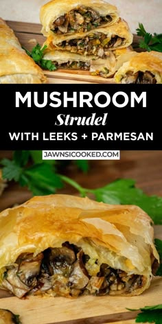 This easy, decadent and delicious Mushroom Strudel with Leeks and Parmesan Cheese comes together easily with a simple and flavorful mushroom filling, and frozen phyllo pastry! Mushroom Strudel Phyllo Dough, Mushroom Filling Recipes, Mushroom Strudel Puff Pastry, Vegan Phyllo Dough Recipes, Phyllo Dough Recipes Dinner, Recipes With Phyllo Dough, Philo Recipes, Phyllo Pastry Recipes, Philo Pastry