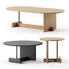 three different tables with black bases and wood tops, one is made out of plywood