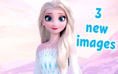 a frozen princess with long blonde hair and blue eyes is standing in front of a pink background