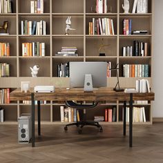 a computer desk in front of a bookshelf filled with lots of books and speakers