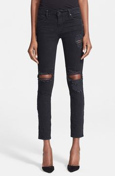 Free shipping and returns on RtA Destroyed Skinny Jeans (Exploded Black) at Nordstrom.com. Heavy shredding at the thigh and knees gives a cool grungy vibe to these black-washed skinny jeans from RtA (Road to Awe). Jeans Sale, Great Coat, Jeans For Sale, Black Jeans, Cute Outfits, Nordstrom