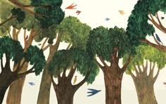 a painting of trees with birds flying around them